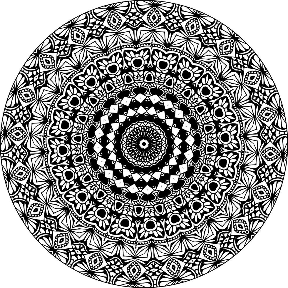 Simple doodle mandala with floral and heart patterns on a white isolated background. For coloring book pages. vector