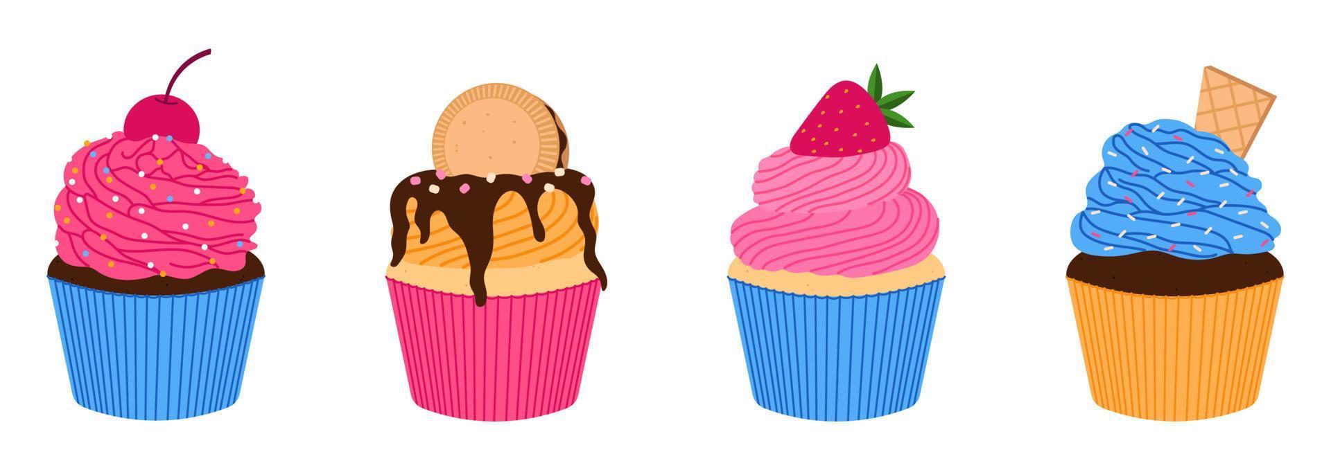 Set of sweet vanilla and chocolate cupcakes decorated with whipped cream, cookies, berries and sprinkles. Flat vector illustration isolated on white background.