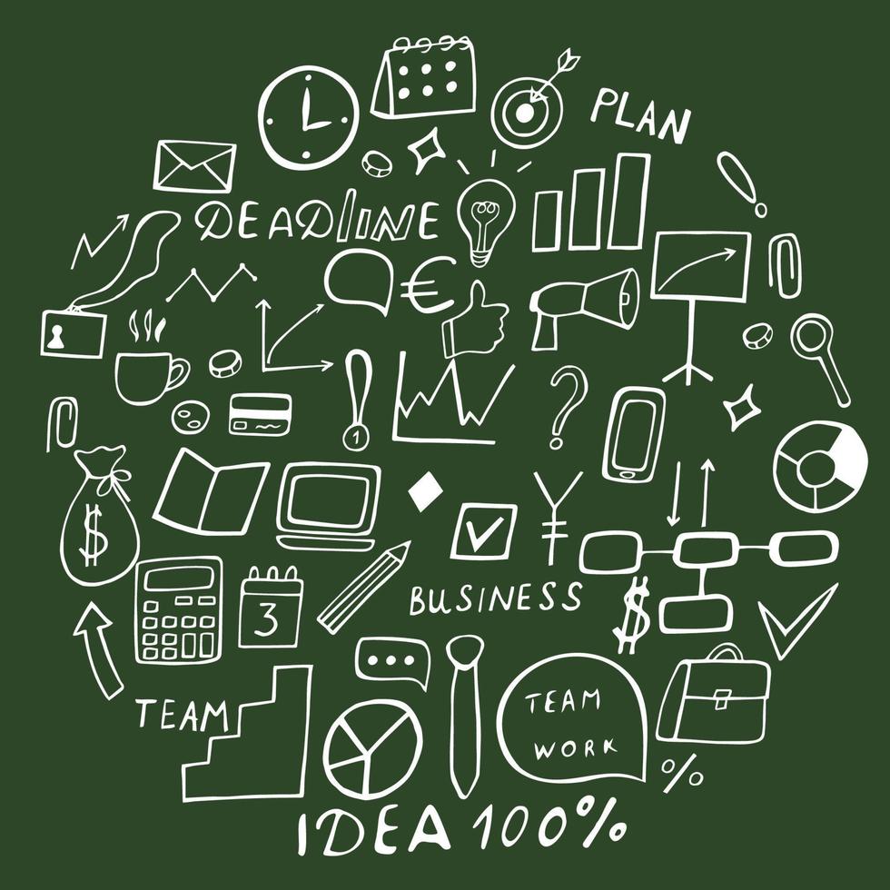 Business hand-drawn doodles, on a green background, business infographics vector