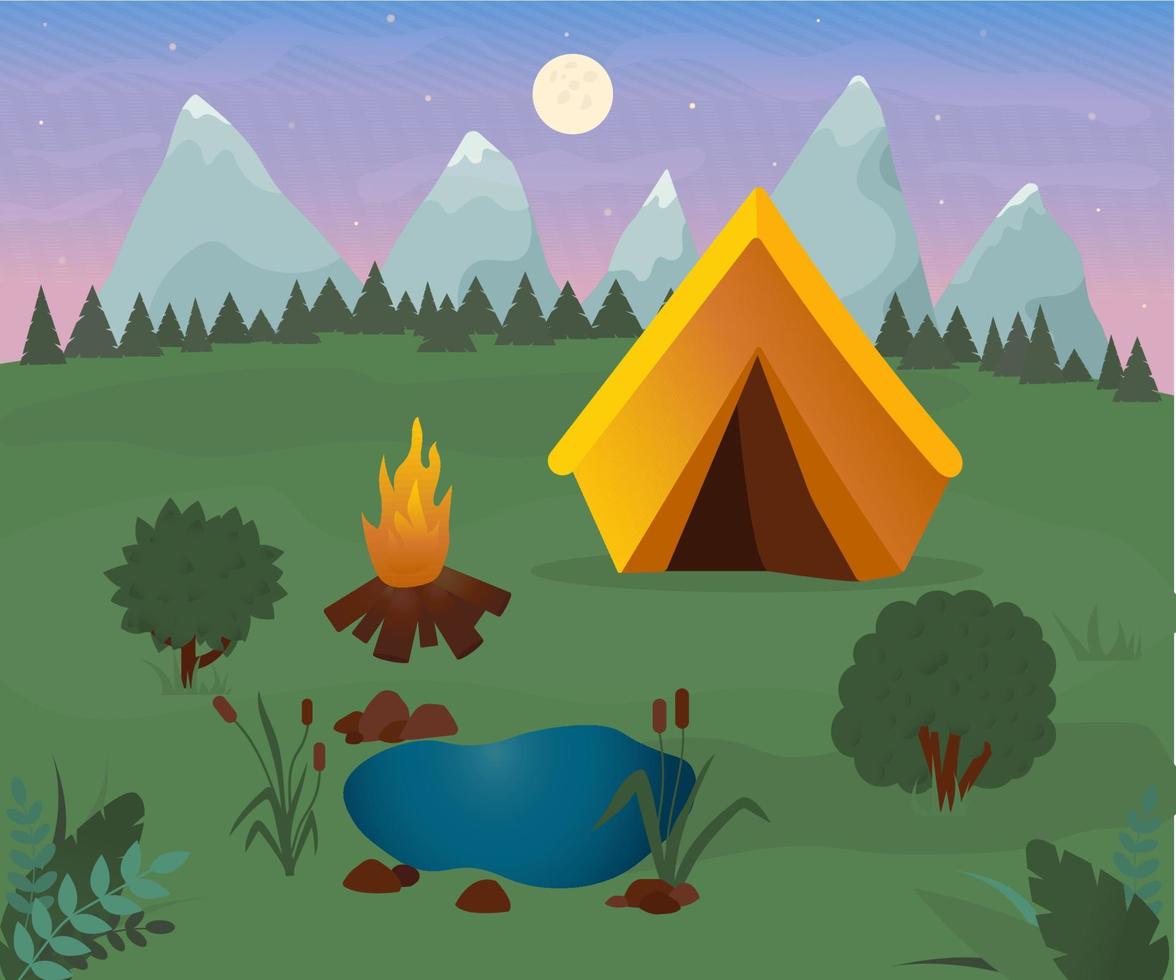 Tourist tent on the background of mountains, with green grass, vector illustration
