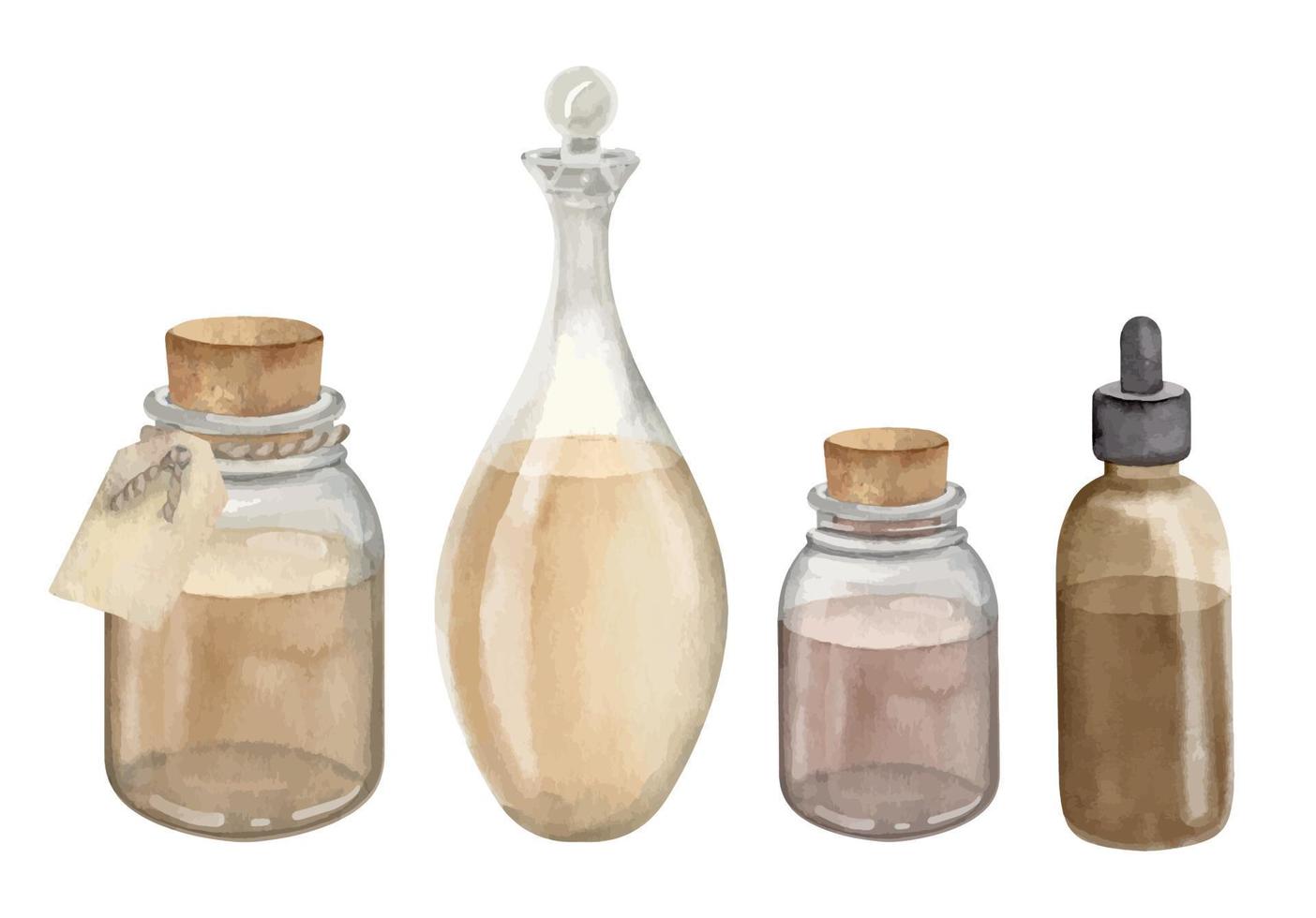 Set of Glass Bottles and transparent Carafe. Hand drawn watercolor illustration of Decanter and Flacons for Spa or medicine design on isolated background. Vintage Flagon for essential oil or liquid vector