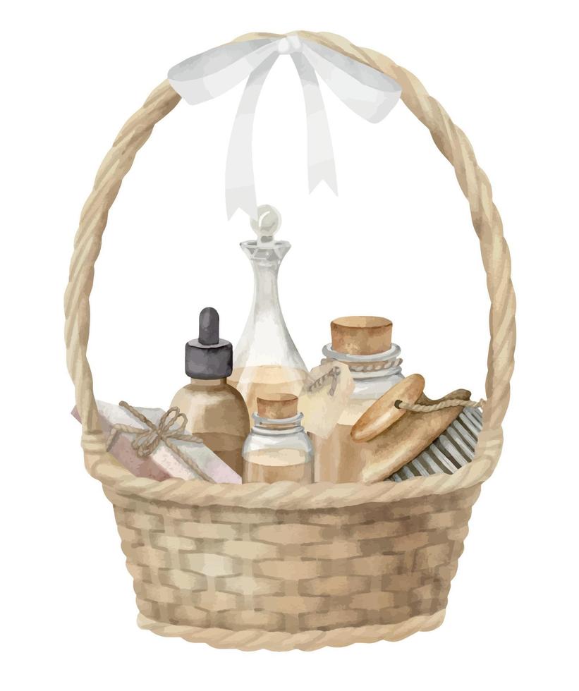Basket with Spa Supplies on isolated background. Hand drawn watercolor illustration of wicked object with bathroom cosmetics in beige colors. Soap and bottle of lotion for body care. Eco toiletries vector