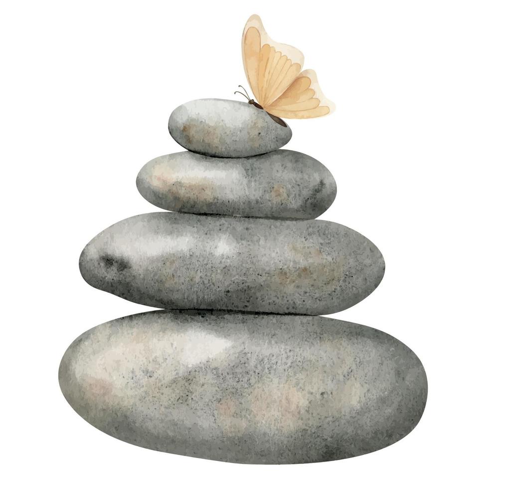 Stack of flat Pebbles with butterfly. Hand drawn watercolor illustration of balancing gray stones on isolated background. Drawing of rocks for meditation. Relaxing sketch for spa or Zen design vector