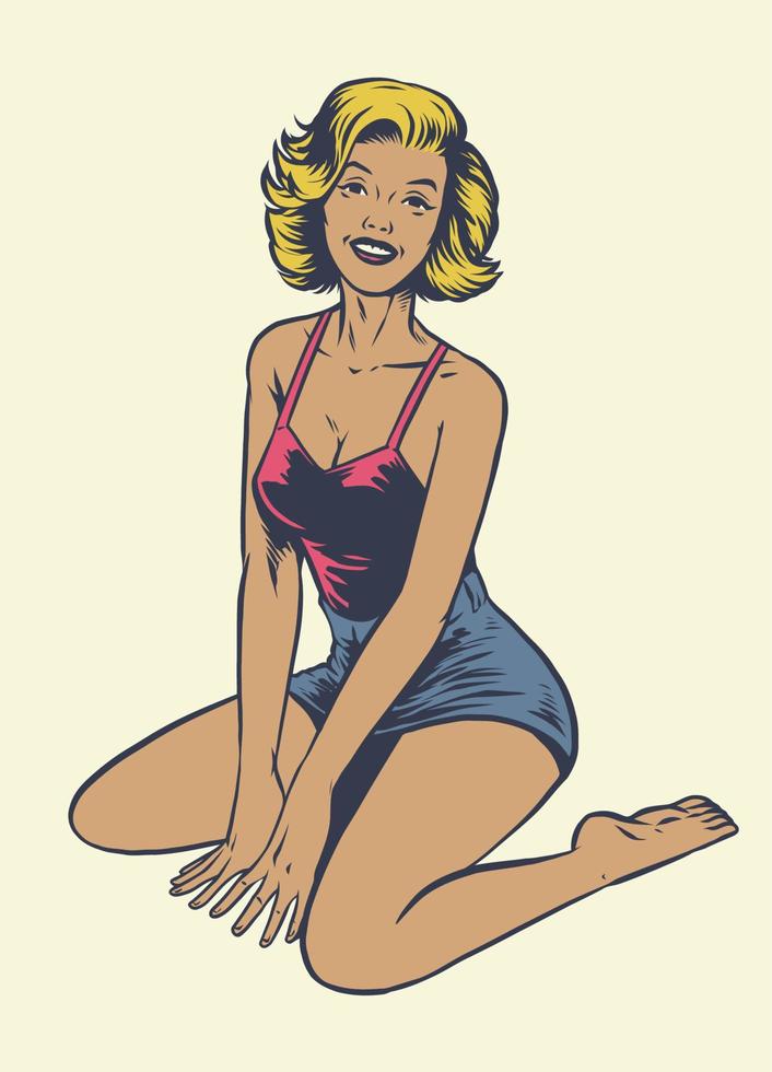 vintage hand drawing pinup girl sit on the floor vector