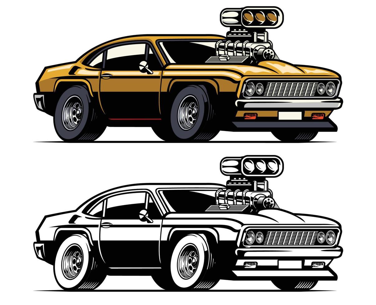 muscle car with big super charger engine out off the hood vector