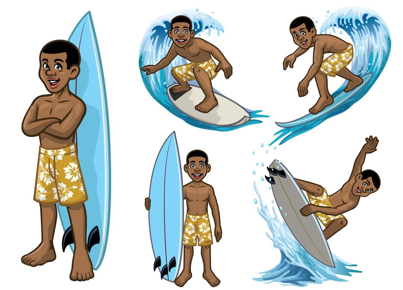 set of cartoon black young surfer vector