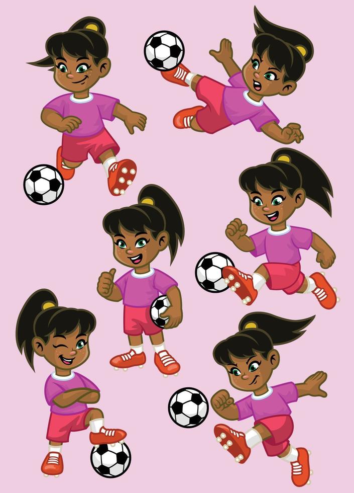 conjunto dibujos animados de pequeño niña fútbol jugador vector