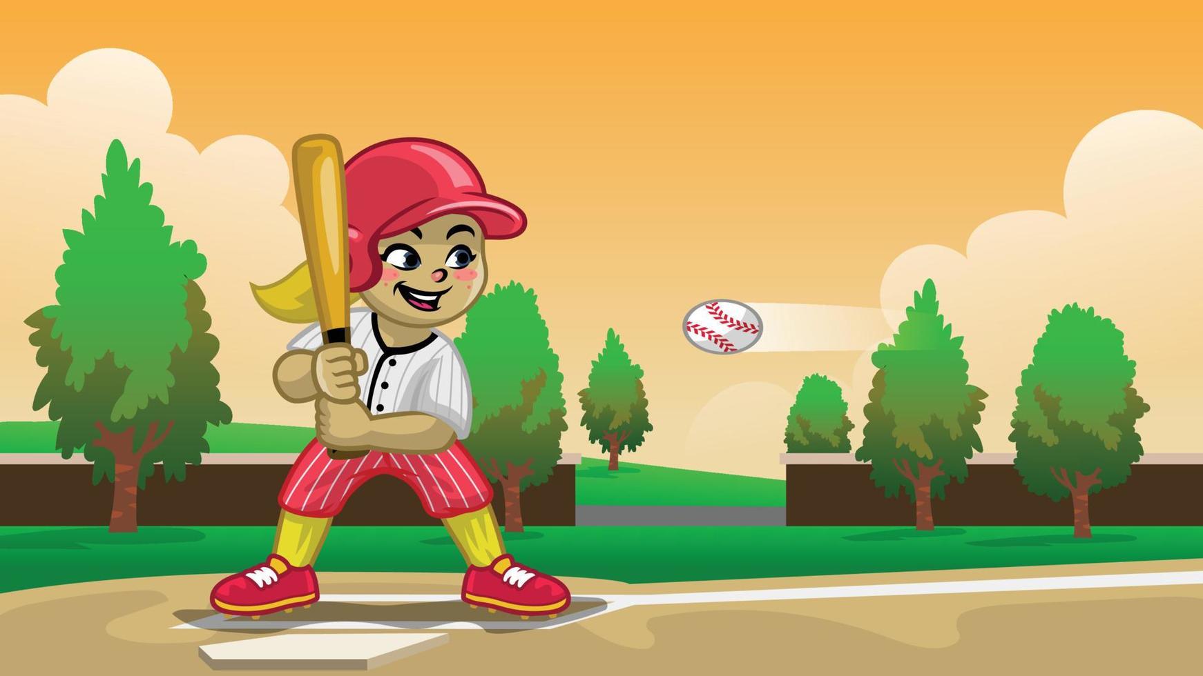 dibujos animados béisbol niña jugador en el campo vector