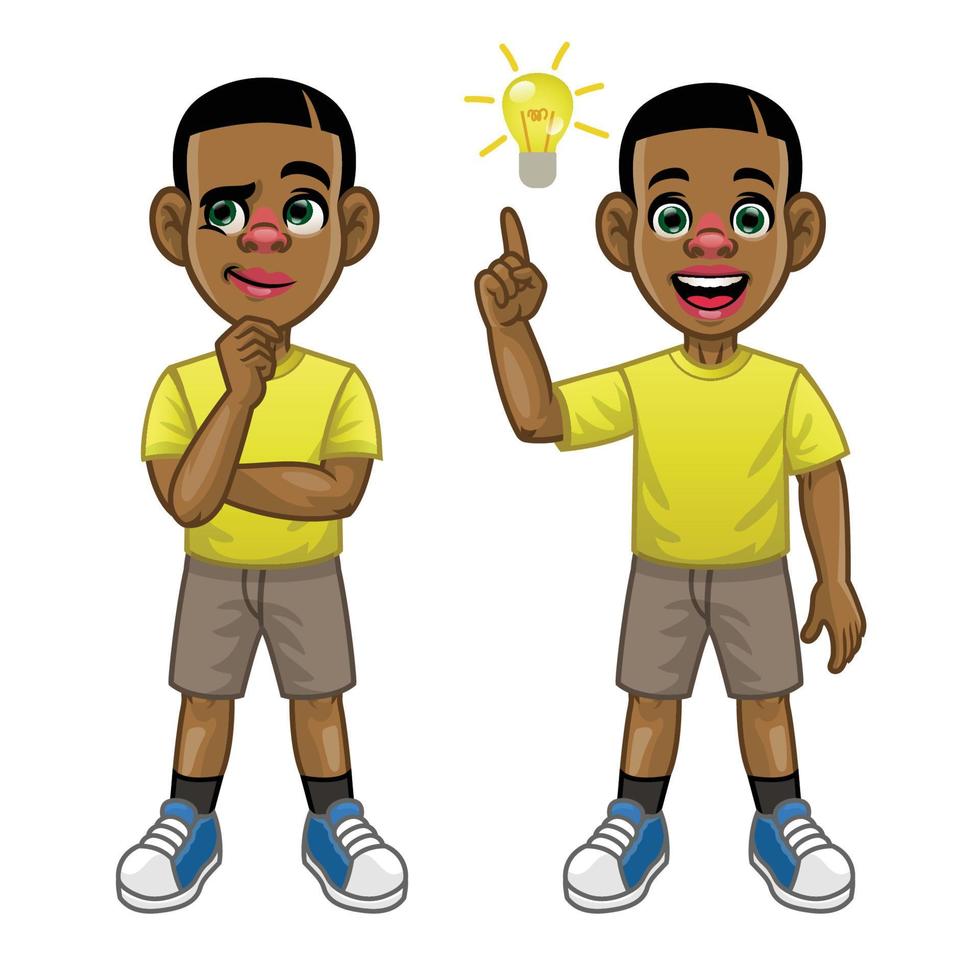 black kid cartoon thinking and find the idea vector
