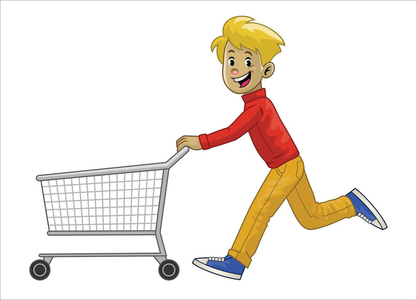 man running while pushing his shopping cart vector