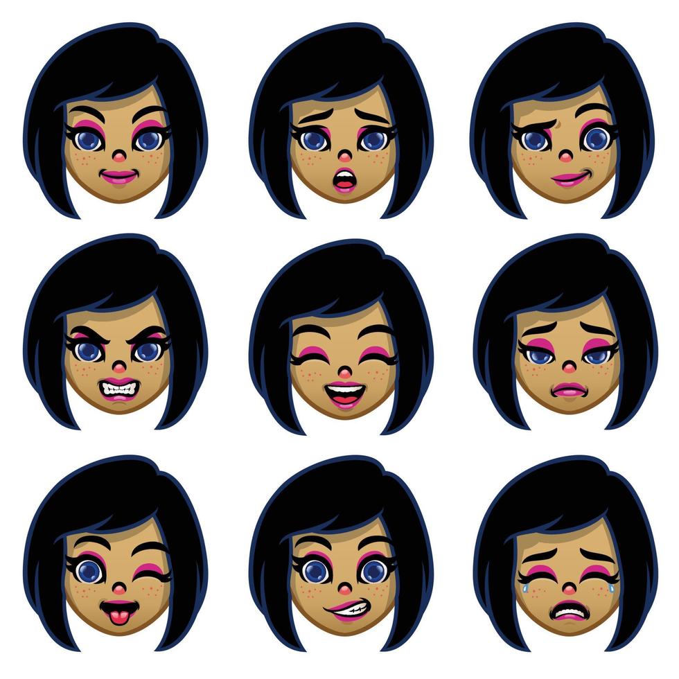 set of cartoon girl head with various face expression vector