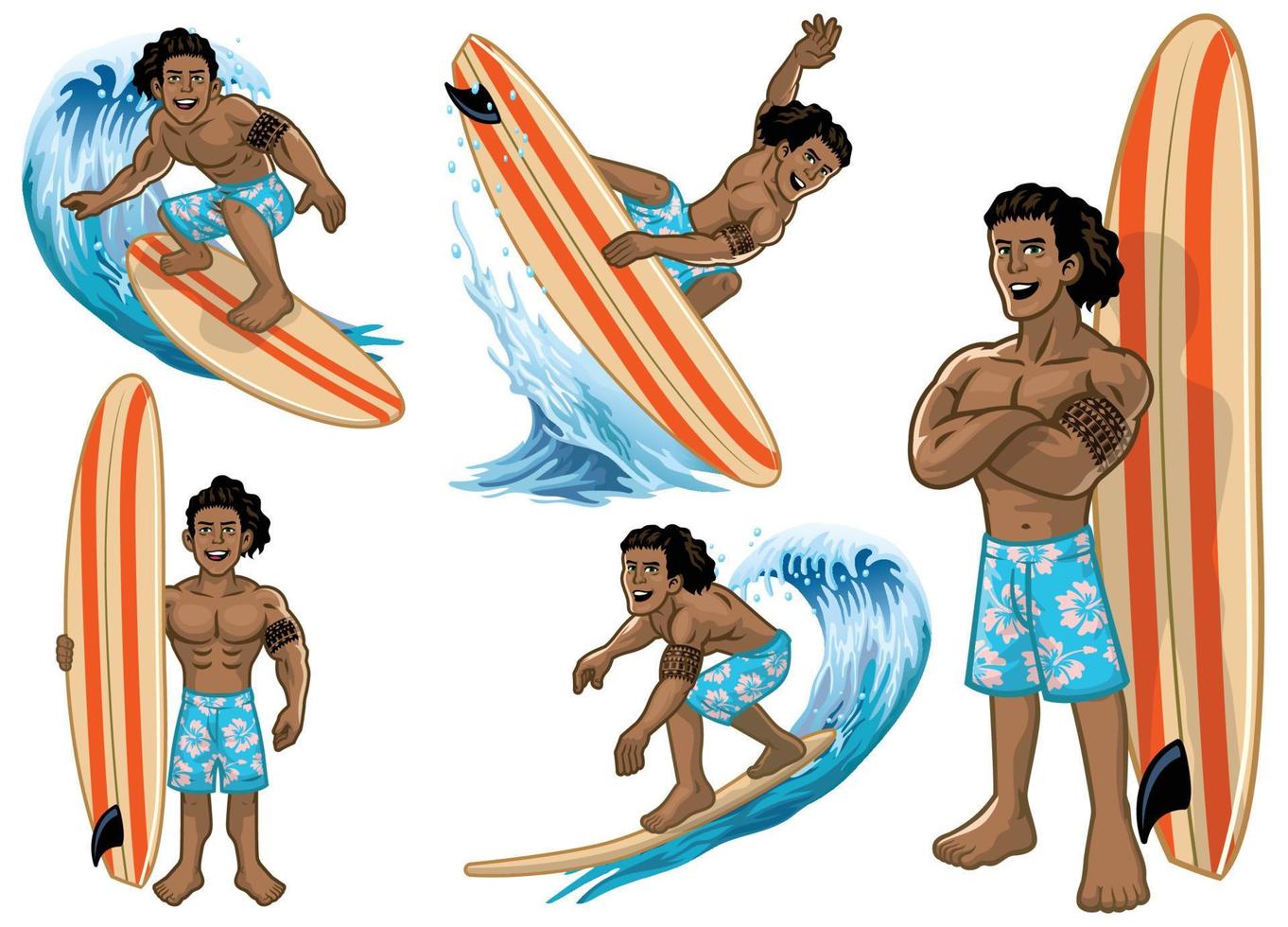 set cartoon hawaiian man surfer vector