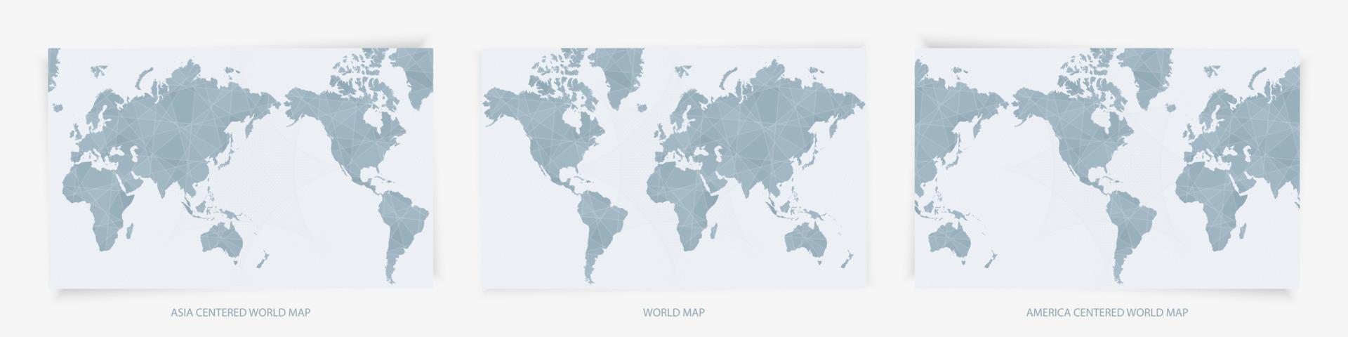 Europe, Asia, and America centered World Maps. Three versions of abstract blue World Maps. vector