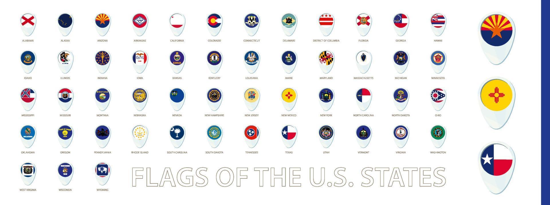 Flags of The U.S. States sorted alphabetically. Blue pin icon design. vector