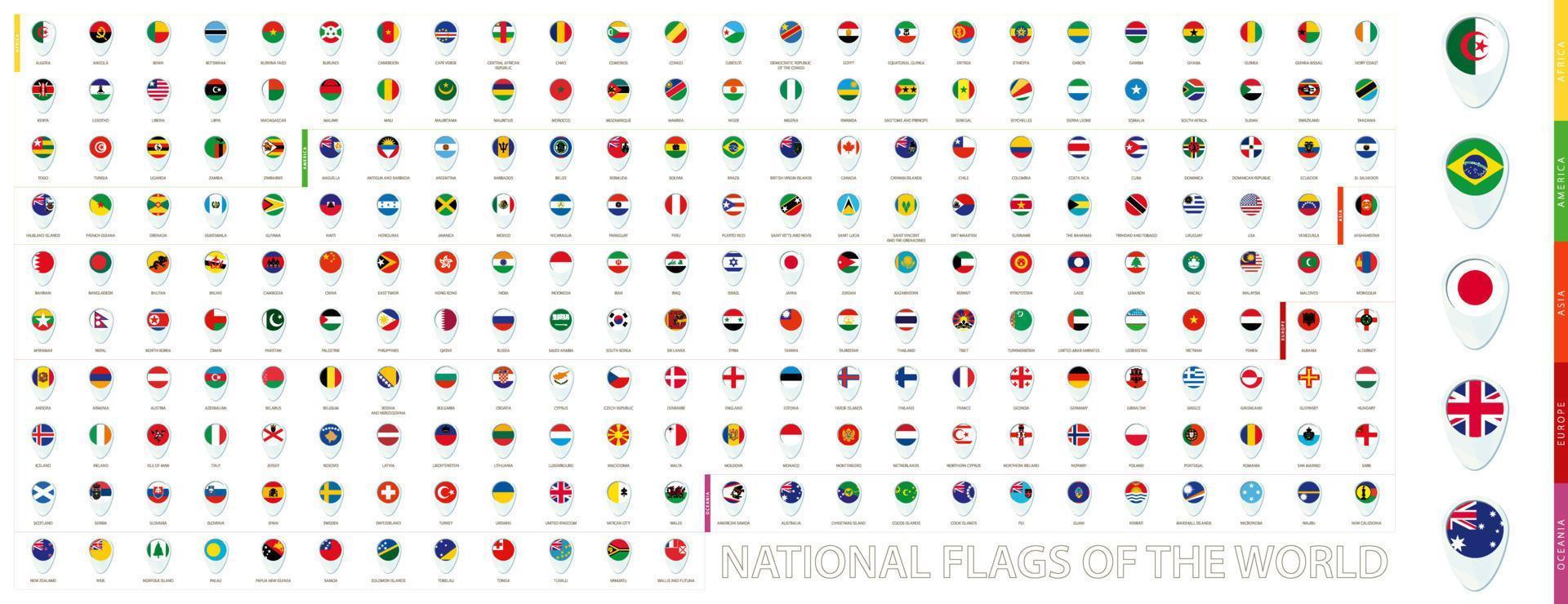 All national flags of the World sorted alphabetically by continent. Blue pin icon design. vector