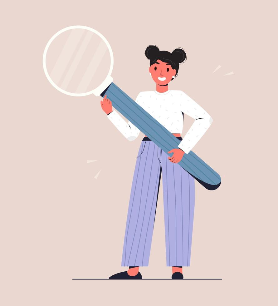 Searching investigation and research concept. Young smiling woman standing and holding magnifying glass vector illustration. Cartoon character using magnifying zoom glass for searching vacancies.