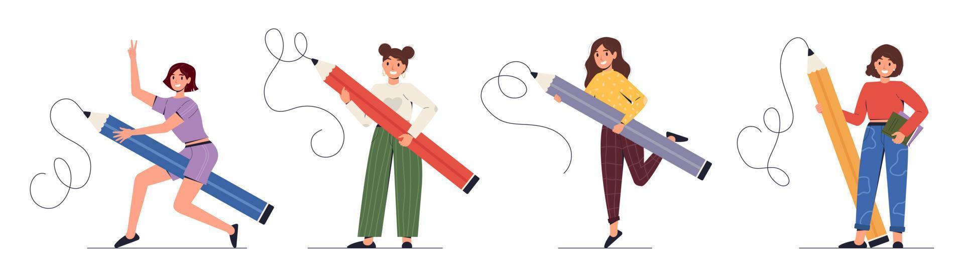 Various people with a giant Pencils. Cute student girl standing with a large pencil. Business Woman holds big pencil. Copywriting and blogging concept. Vector stock illustration.