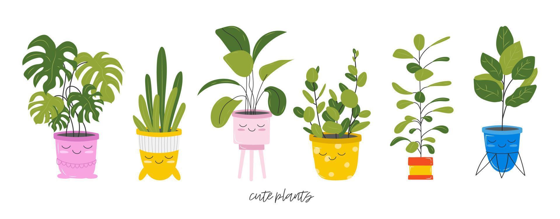 Set of cute kawaii houseplants in flower pots. Multicolored bright flowers and beautiful leaves. Exotic plants, decorative flowers. Vector stock illustration. Childrens illustration of stickers.