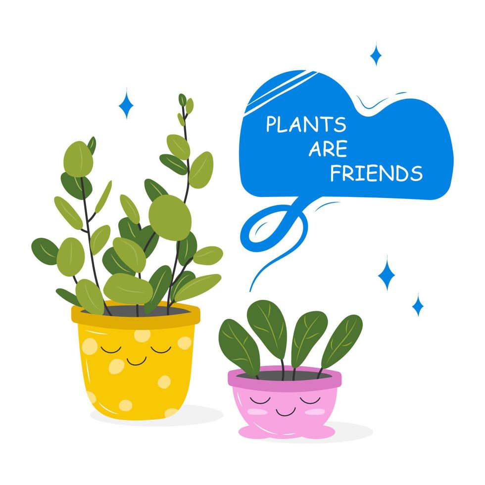 postales con un imagen de un planta de casa en un maceta con un eslogan acerca de un amigo. linda kawaii plantas de interior con estofado, plantas son amigos. vector ilustración aislado en blanco antecedentes.