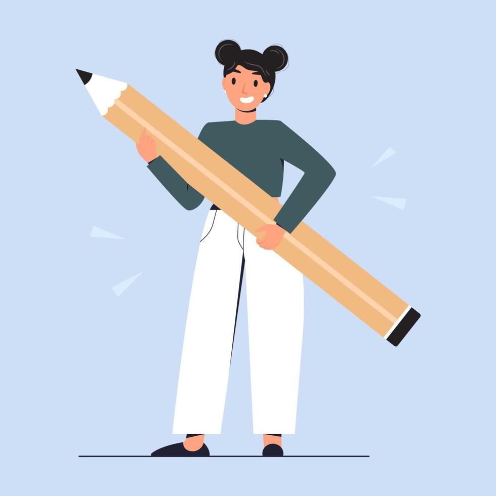 Business Woman holds big pencil. Confident female writer or content manager stands with pen. Copywriting and blogging concept. Vector stock illustration. Flat style student with a pencil. Education.