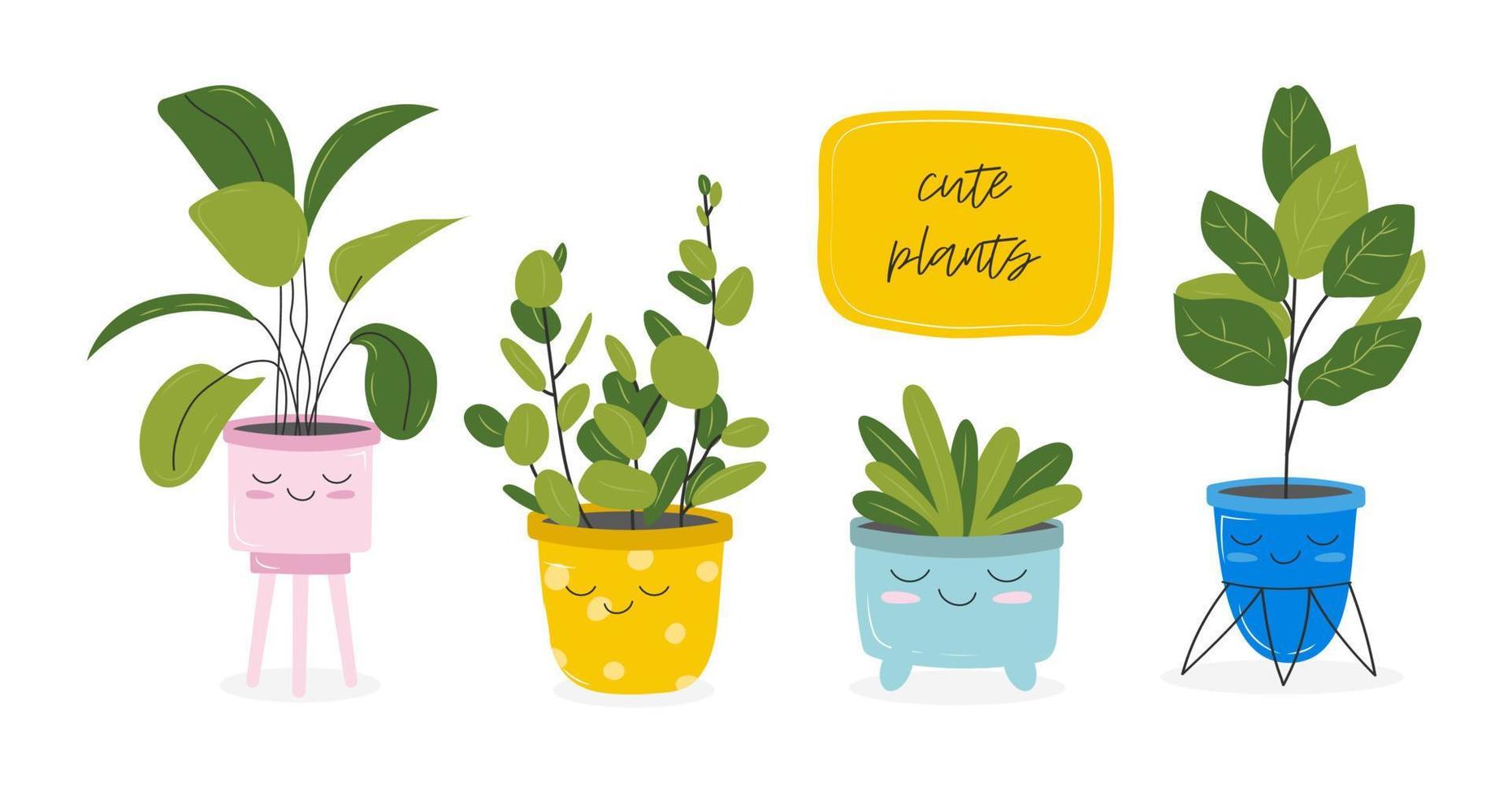 Postcards with a picture of a houseplant in a pot with a slogan about a friend. Cute kawaii houseplants with lattering, plants are friends. Vector illustration isolated on white background.