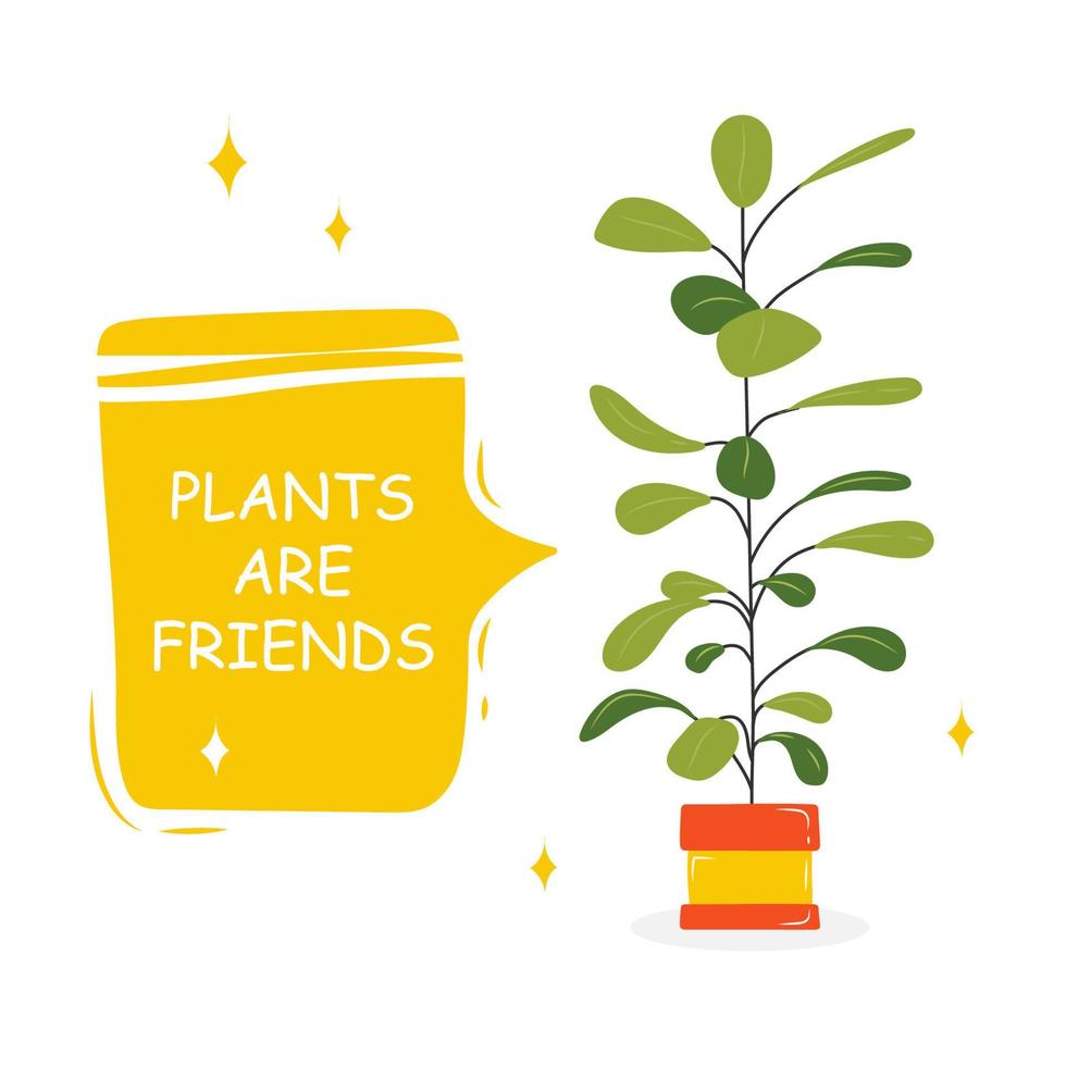 Postcards with a picture of a houseplant in a pot with a slogan about a friend. Cute kawaii houseplants with lattering, plants are friends. Vector illustration isolated on white background.