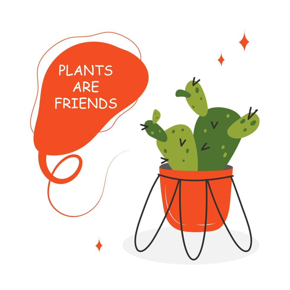 Postcards with a picture of a houseplant in a pot with a slogan about a friend. Cute kawaii houseplants with lattering, plants are friends. Vector illustration isolated on white background.