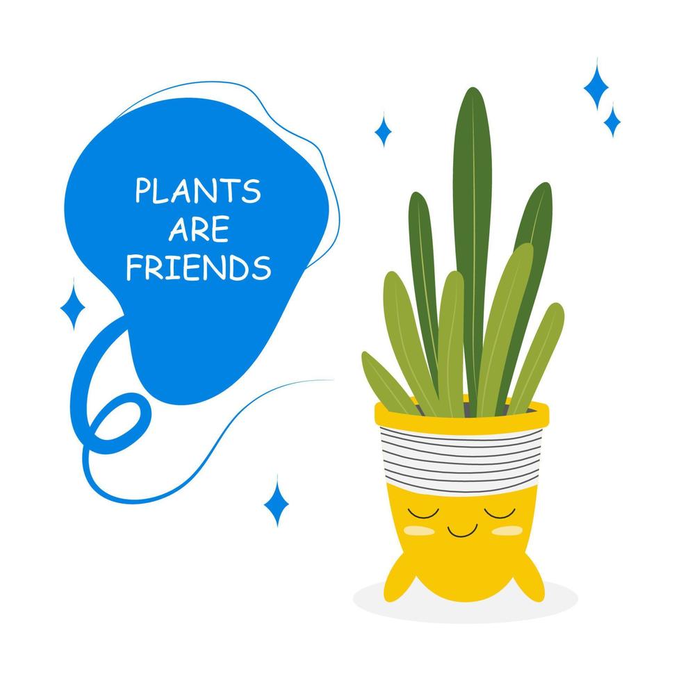 Postcards with a picture of a houseplant in a pot with a slogan about a friend. Cute kawaii houseplants with lattering, plants are friends. Vector illustration isolated on white background.