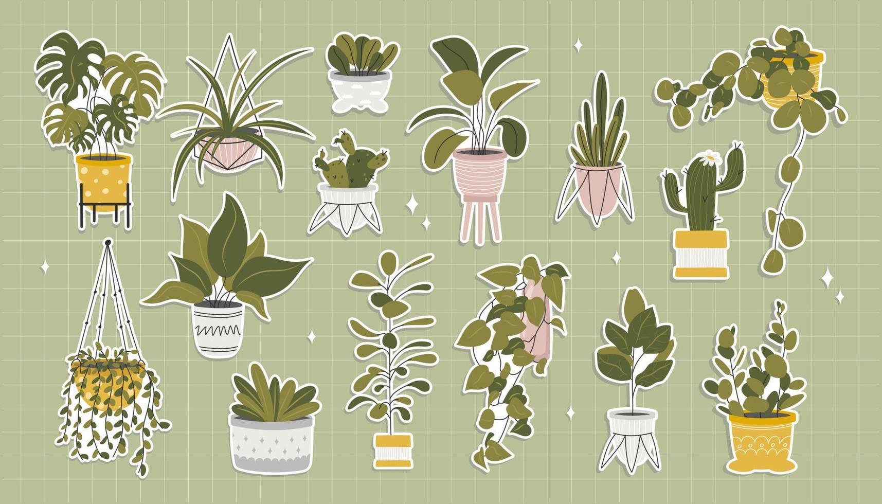 conjunto de linda pegatinas de kawaii plantas de interior en flor ollas. exótico plantas, monstera y otro decorativo flores vector valores ilustración. para niños ilustración de pegatinas para niños.