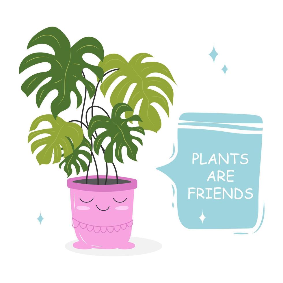 Postcards with a picture of a houseplant in a pot with a slogan about a friend. Cute kawaii houseplants with lattering, plants are friends. Vector illustration isolated on white background.