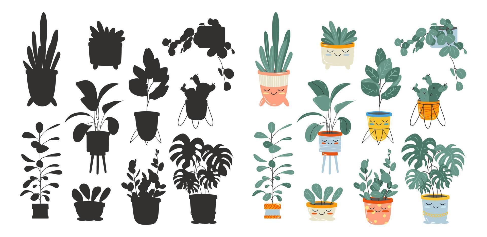 para niños educativo juego, encontrar correcto sombra silueta. interior plantas y negro siluetas de flores linda kawaii plantas. vector valores ilustración aislado en blanco antecedentes.