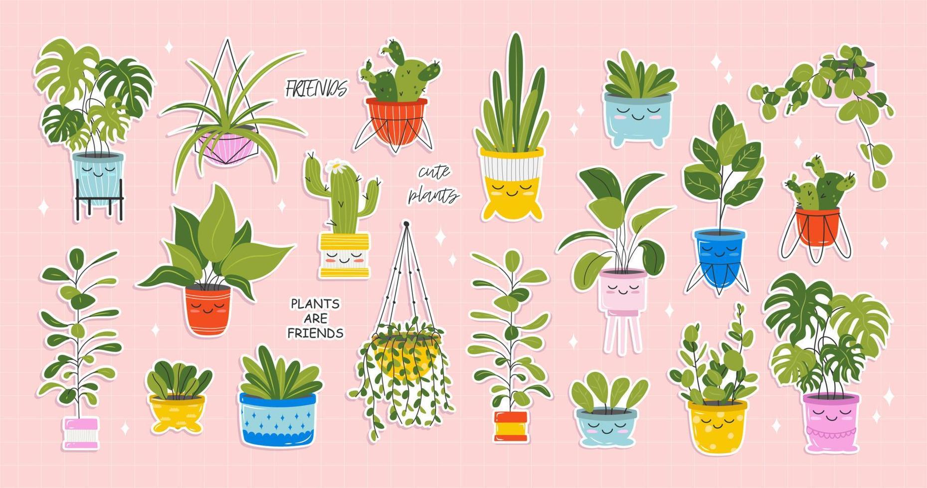 conjunto de linda pegatinas de kawaii plantas de interior en flor ollas. exótico plantas, monstera y otro decorativo flores vector valores ilustración. para niños ilustración de pegatinas para niños.