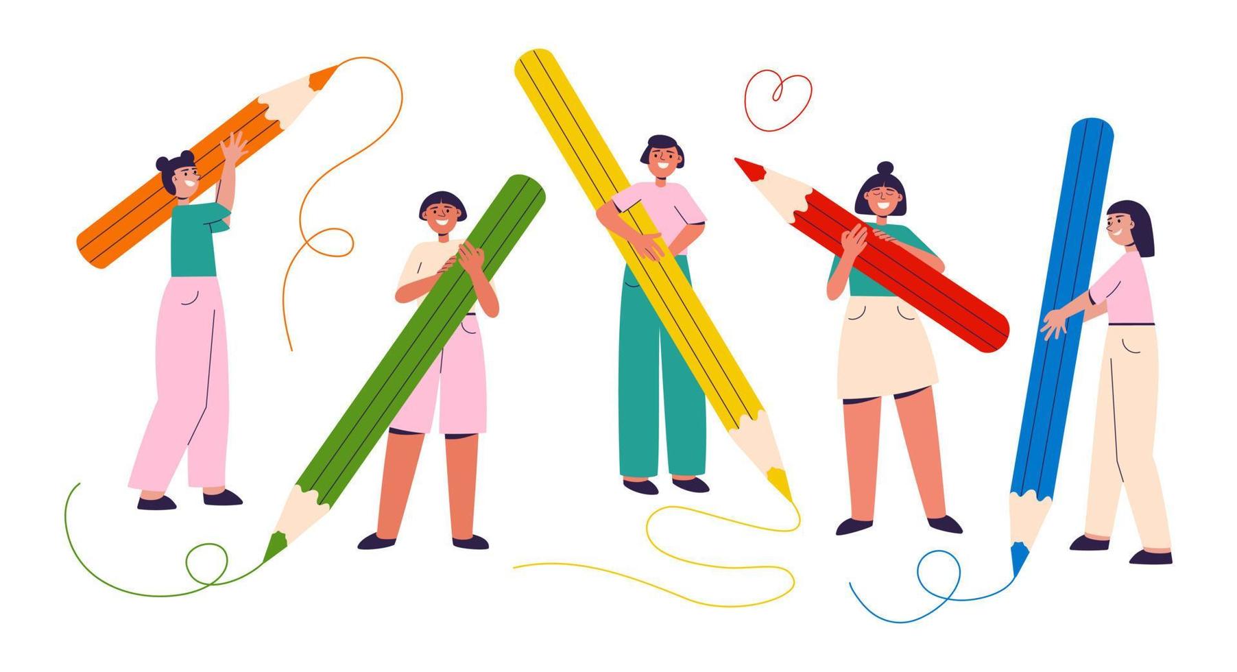 Diverse people holding big color pencils vector illustration