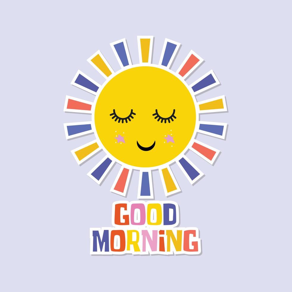 Kawaii cute sleepy sun with good morning vibe retro sticker vector