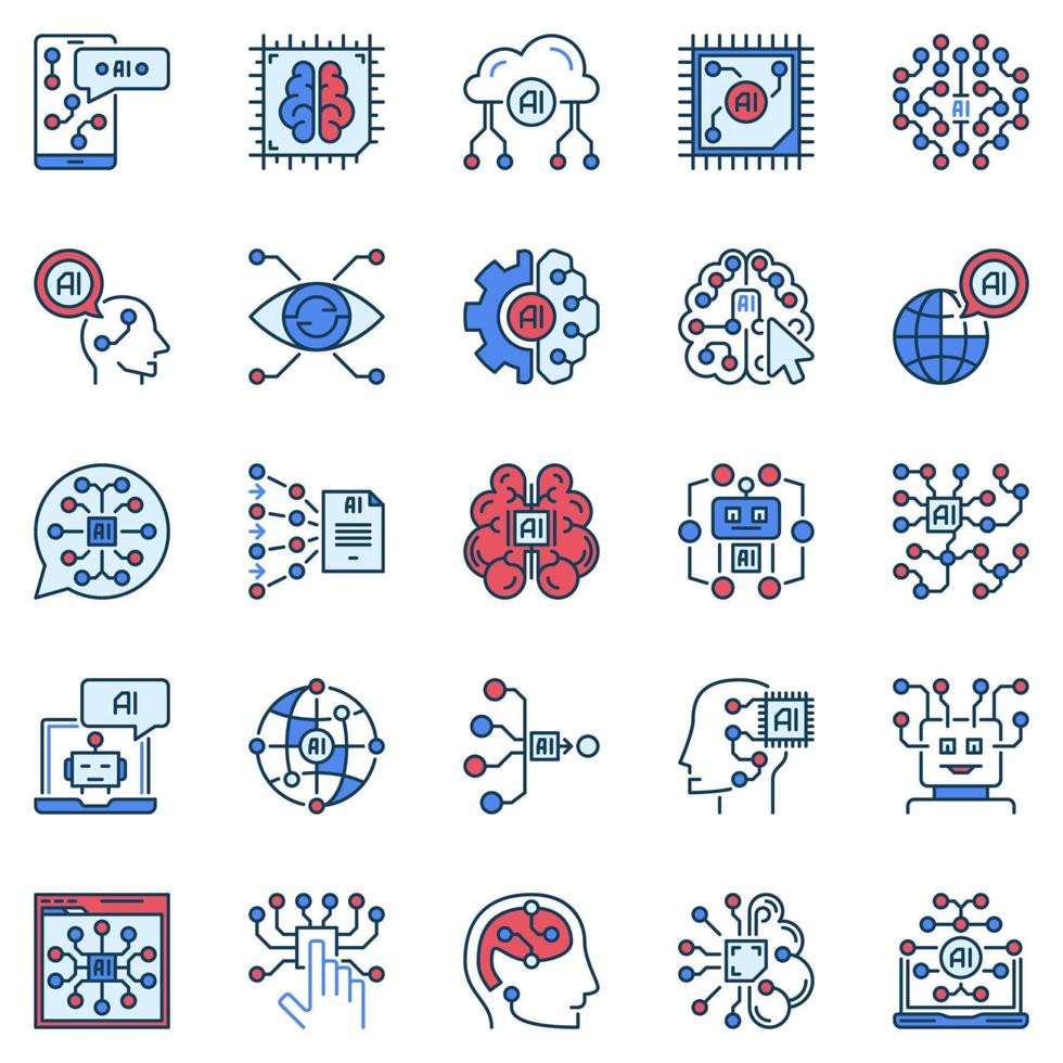 Artificial Intelligence colored icons. AI Technology concept vector signs