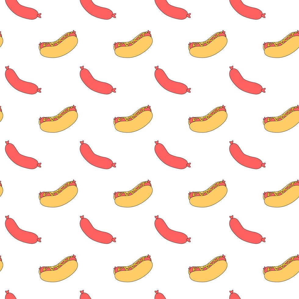 Hot dog seamless pattern. Sausage snack with ketchup and mustard. American fast food wallpaper. vector