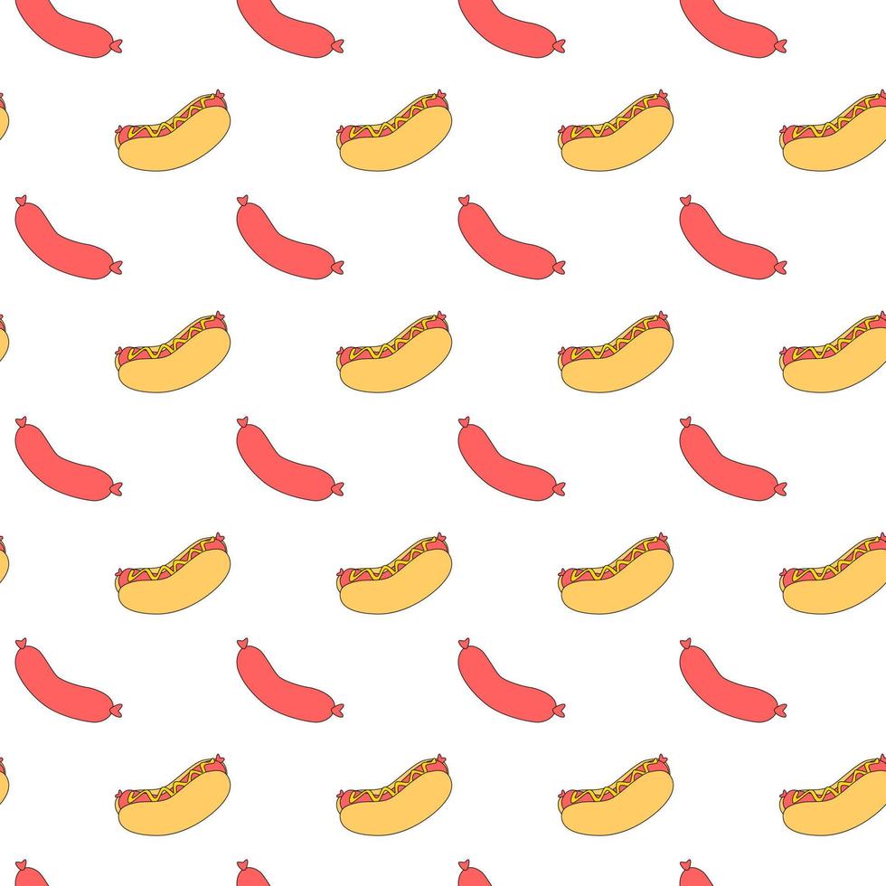 Hot dog seamless pattern. Sausage snack with ketchup and mustard. American fast food wallpaper. vector