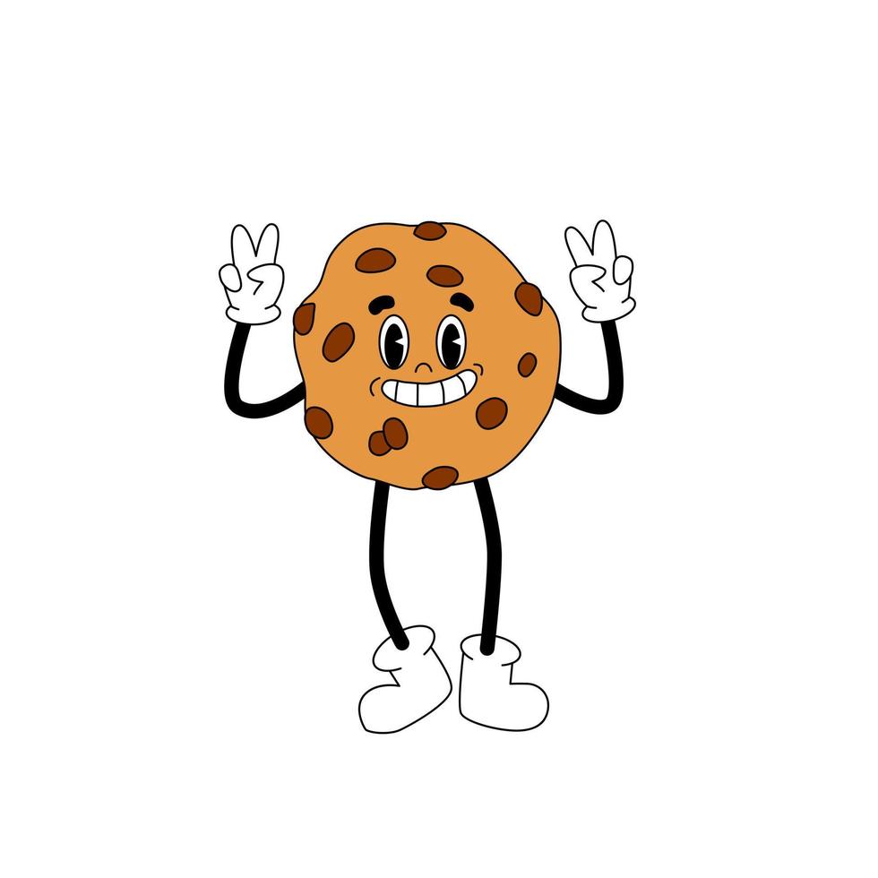 Cartoon cookie mascot. Groovy food sticker. Funky disco character. Sweet retro illustration in 70s style. vector