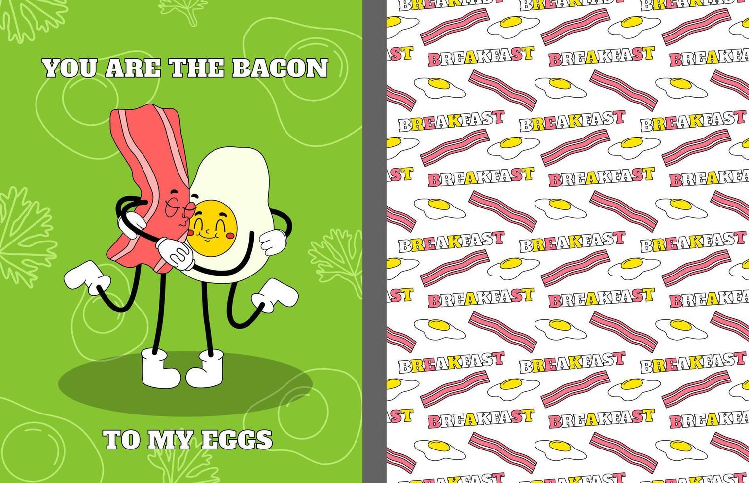 Groovy eggs and bacon. Vintage breakfast in 70s style. Cartoon food characters. Trippy card vector