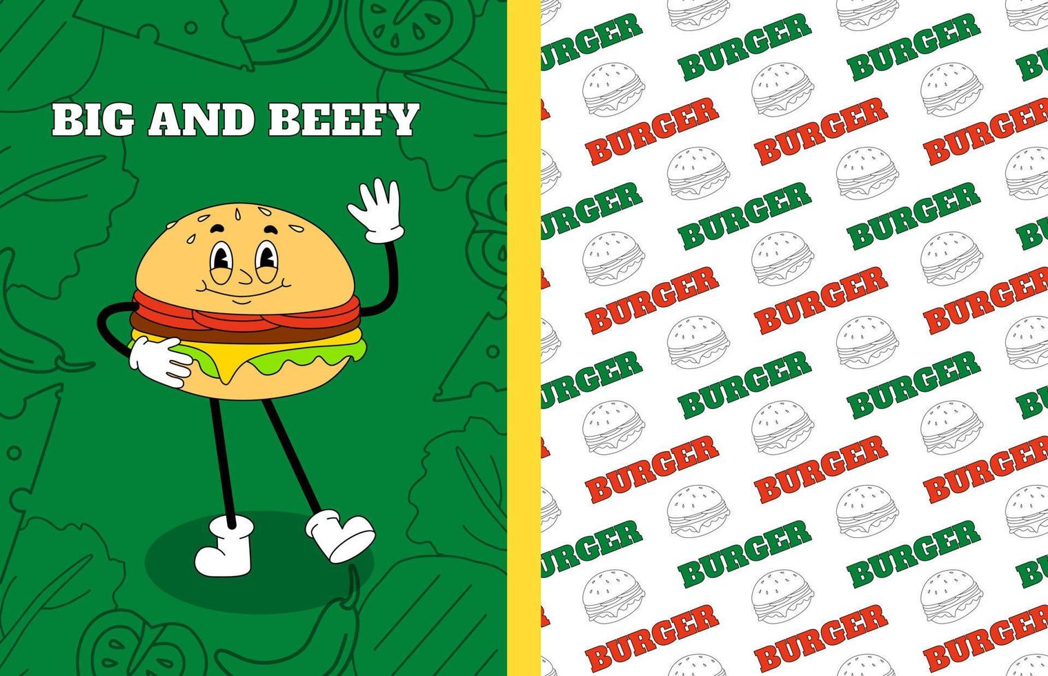 Groovy burger in 70s cartoon style. Vintage illustration for banner, menu, packaging. Cheeseburger disco mascot. Retro hamburger character vector