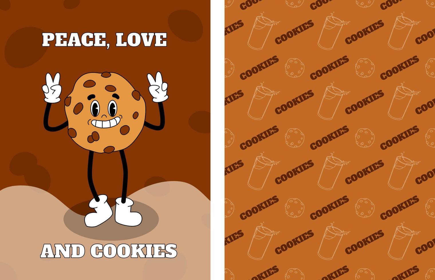 Cookie mascot. Happy smile food in vintage 70s retro style. Psychedelic groovy character. Cookie with chocolate and milk seamless pattern. Vintage delicious illustration vector