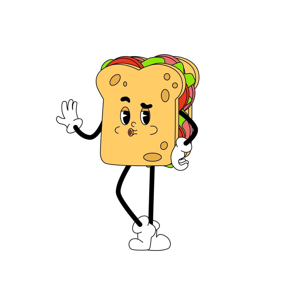 Trendy groovy sandwich. Happy hippie character in retro style. Yummy masctor sticker. vector