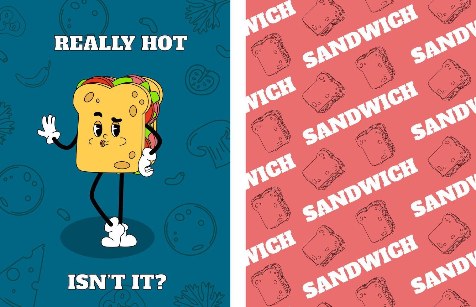 Happy trendy character. Groovy sandwich. Food seamless pattern in retro style. Vector illustration in hippie 50s style