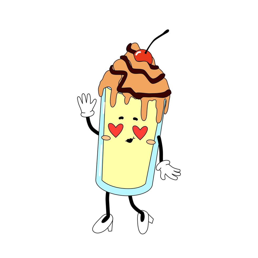 Groovy soda beverage. Alcohol-free drink in retro 70s style. Utah mocktail mascot, Vector milkshake with topping, syrup and cherry. Dirty soda