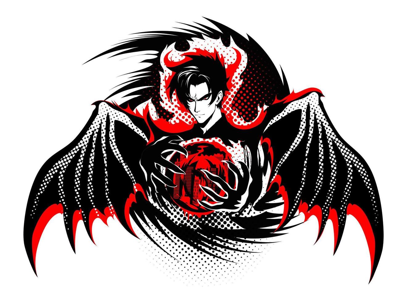 Demon with wings holds a red sphere in his hands. vector