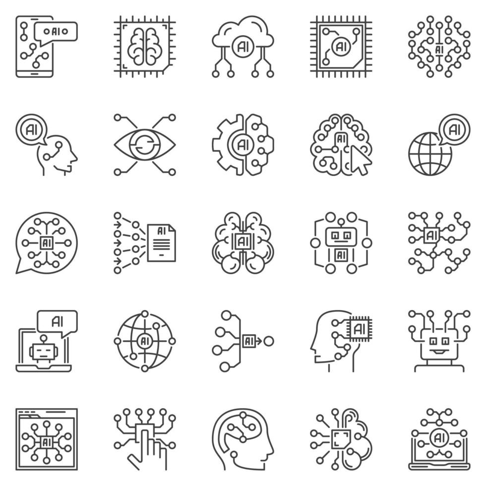 AI outline icons set - Artificial Intelligence concept vector line symbols
