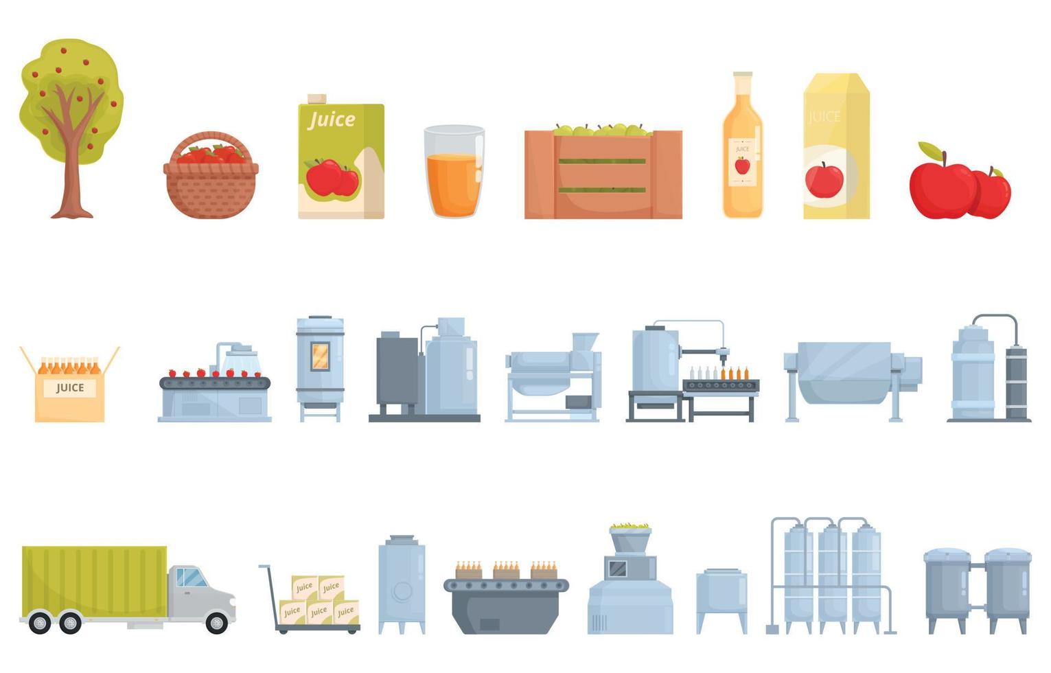 Apple Juice manufacture process icons set cartoon vector. Fruit drink vector