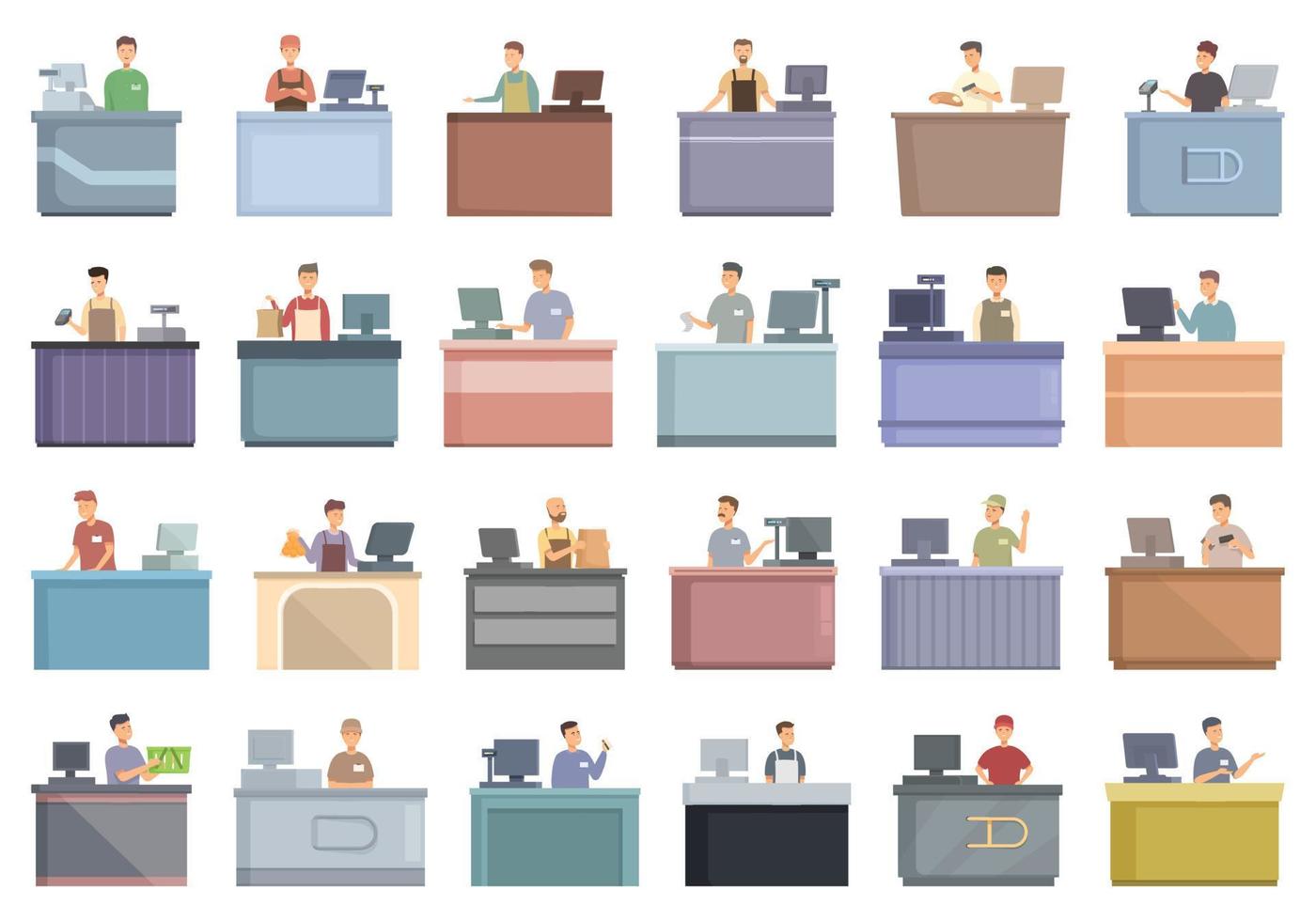 Male Cashier icons set cartoon vector. Retail customer vector