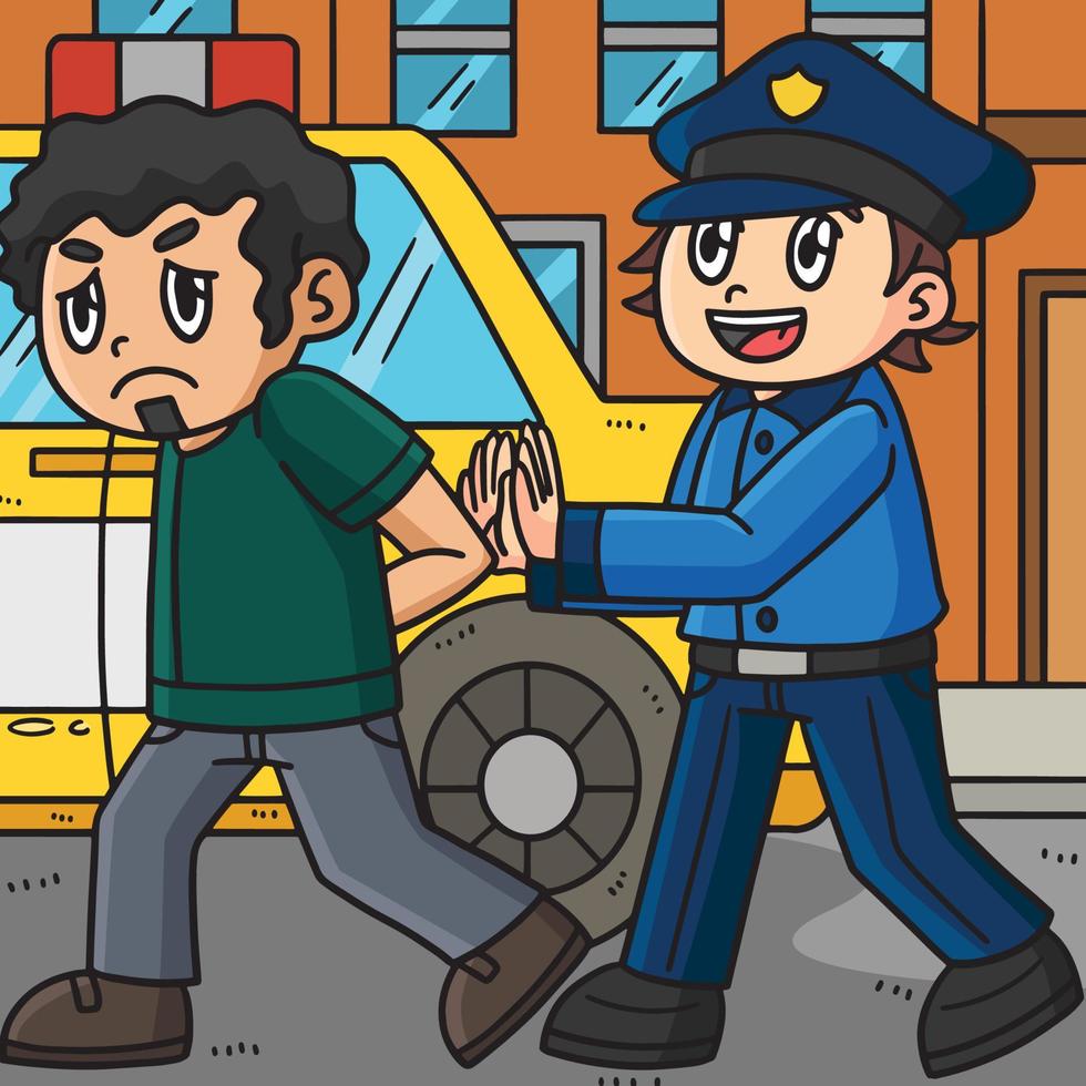 Police Escorting Criminal into Car Colored Cartoon vector