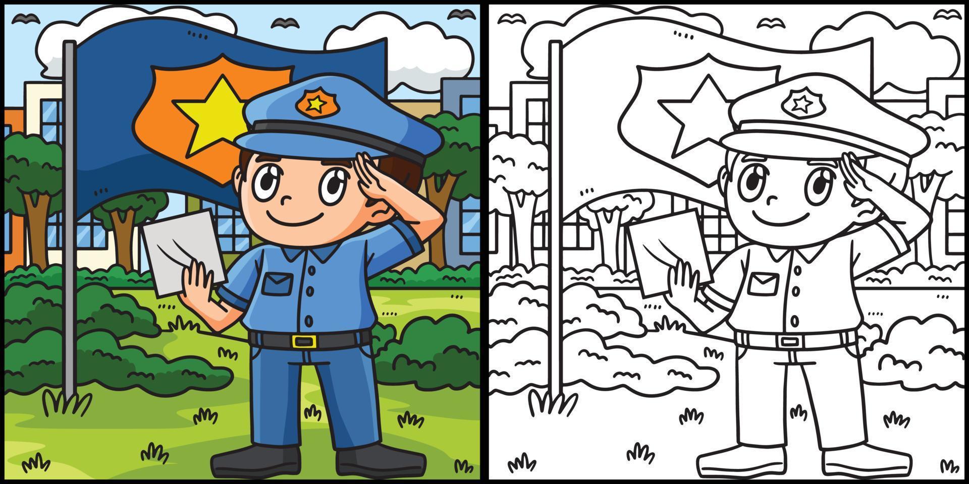 Saluting Police Officer Coloring Page Illustration vector
